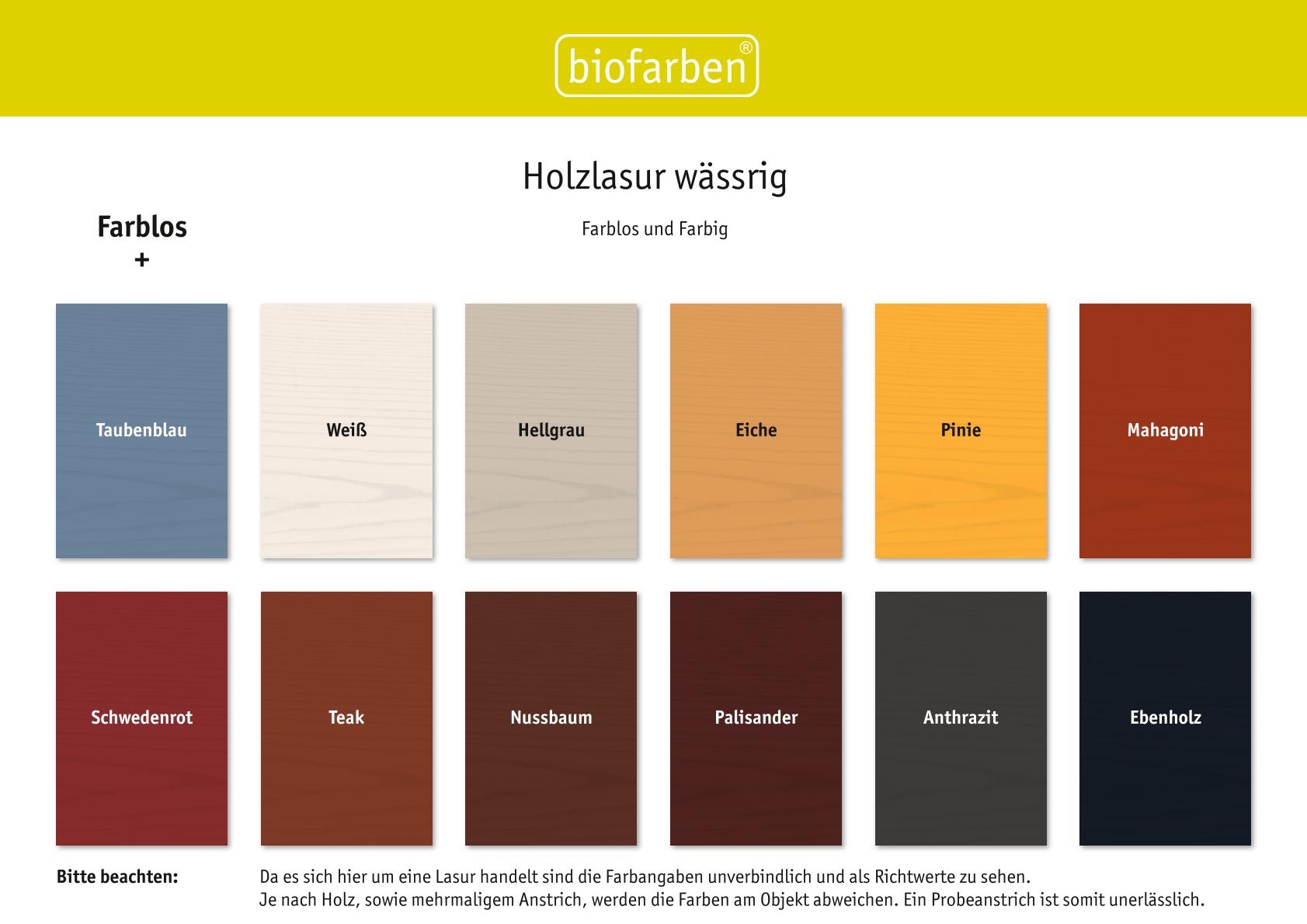 Farbkarte für Biofarben Holzlsaur wässrig farbig